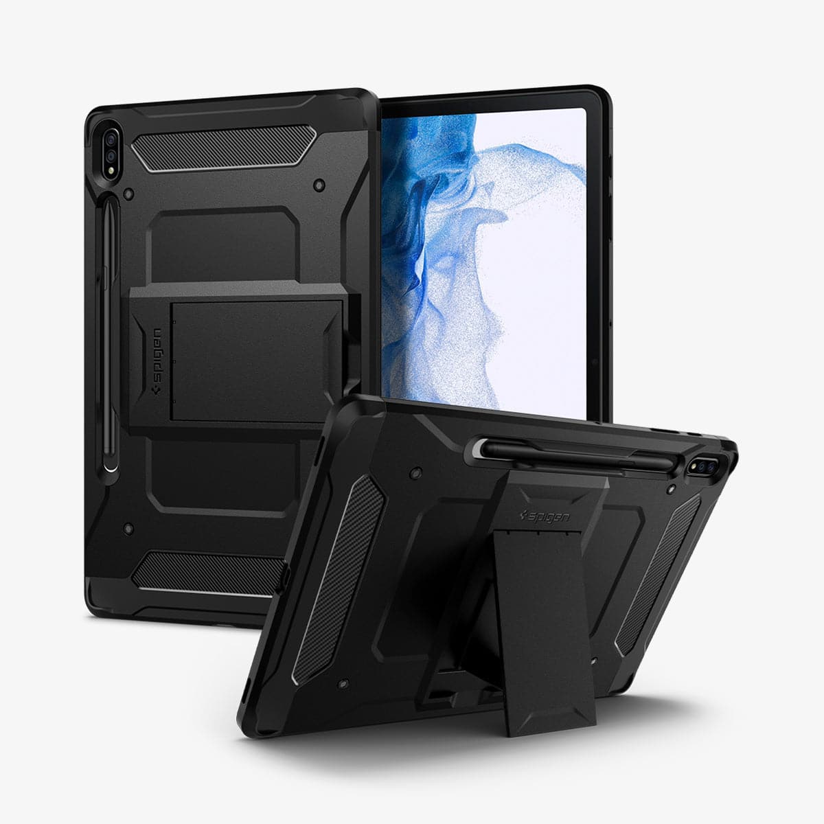 ACS01609 - Galaxy Tab S8 Plus Case Tough Armor Pro in black showing the back, front and device propped up by built in kickstand