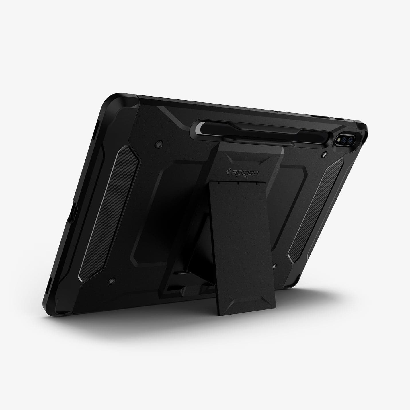 ACS01609 - Galaxy Tab S8 Plus Case Tough Armor Pro in black showing the back with device propped up by built in kickstand