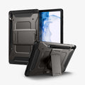 ACS01608 - Galaxy Tab S8 Plus Case Tough Armor Pro in gunmetal showing the back, front and device propped up by built in kickstand