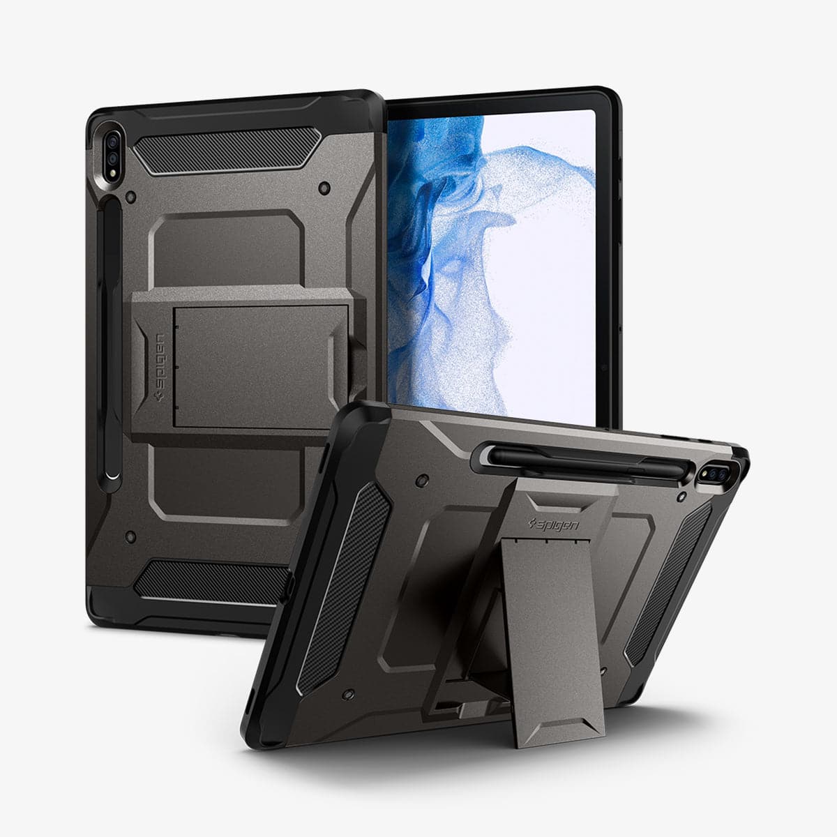 ACS01608 - Galaxy Tab S8 Plus Case Tough Armor Pro in gunmetal showing the back, front and device propped up by built in kickstand