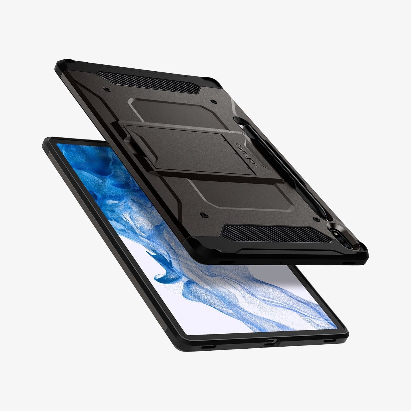 ACS01608 - Galaxy Tab S8 Plus Case Tough Armor Pro in gunmetal showing the back, front and sides