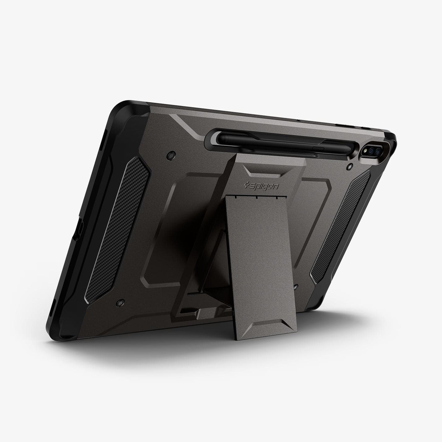 ACS01608 - Galaxy Tab S8 Plus Case Tough Armor Pro in gunmetal showing the back with device propped up by built in kickstand