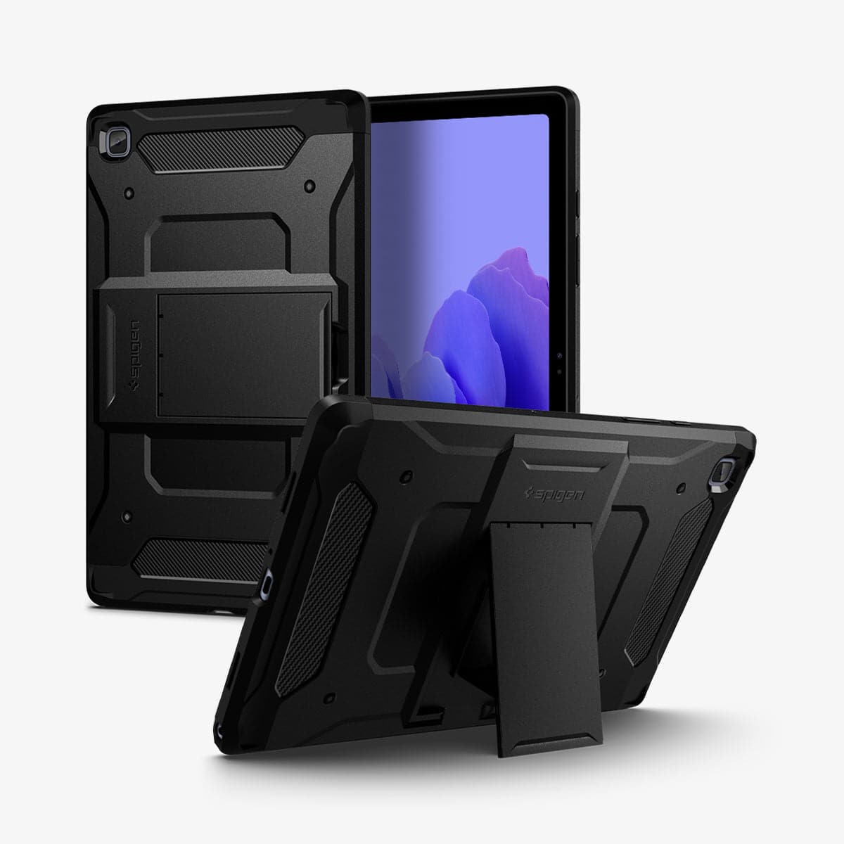 ACS01564 - Galaxy Tab A7 Case Tough Armor Pro in black showing the back, front and device propped up by built in kickstand