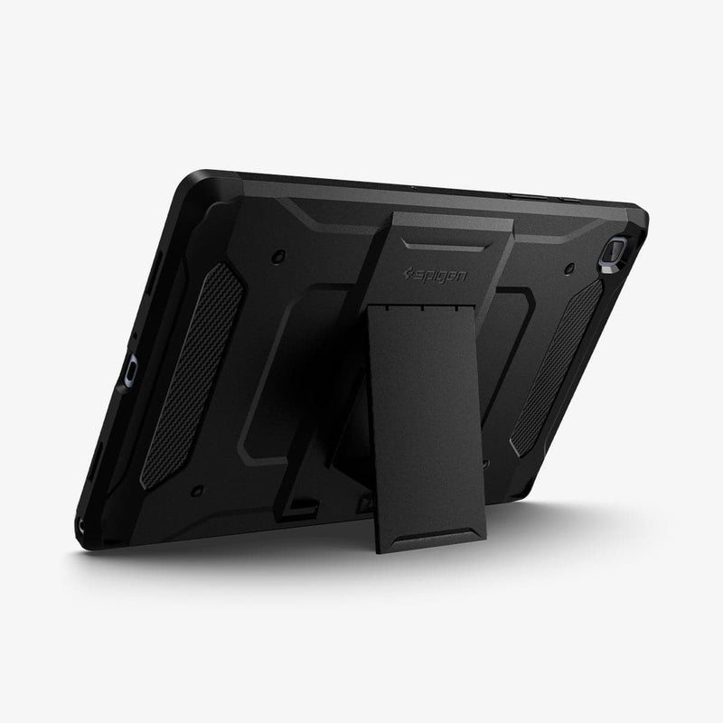 ACS01564 - Galaxy Tab A7 Case Tough Armor Pro in black showing the back with device propped up by built in kickstand