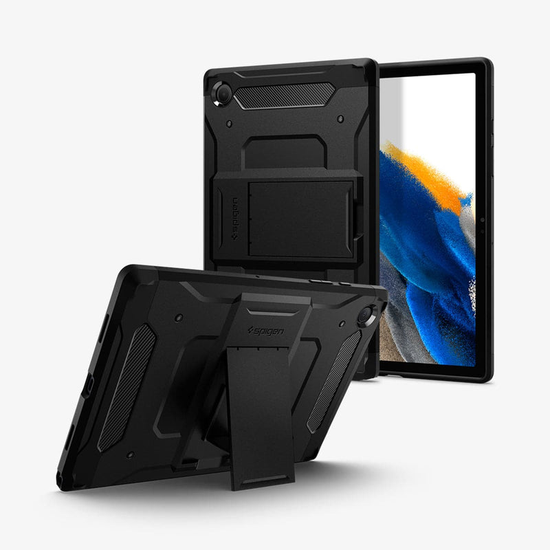 ACS04118 - Galaxy Tab A8 Case Tough Armor Pro in black showing the back, front and device propped up by built in kickstand