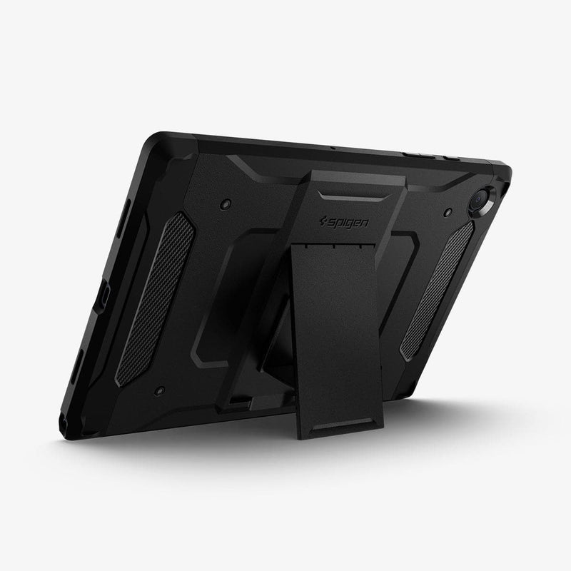 ACS04118 - Galaxy Tab A8 Case Tough Armor Pro in black showing the back with device propped up by built in kickstand