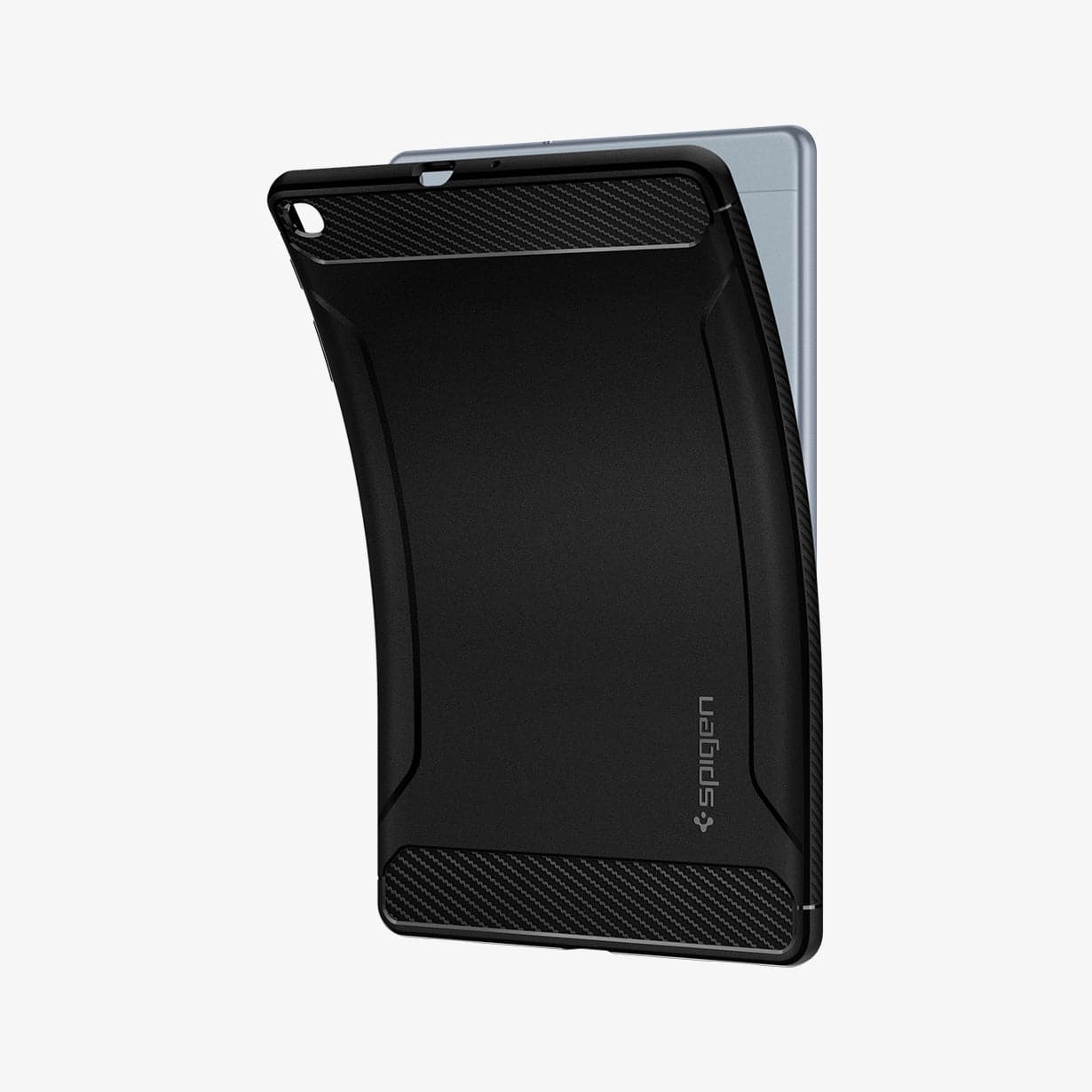 623CS26448 - Galaxy Tab A 10.1" Case Rugged Armor in matte black showing the back with case bending away from device to show the flexibility