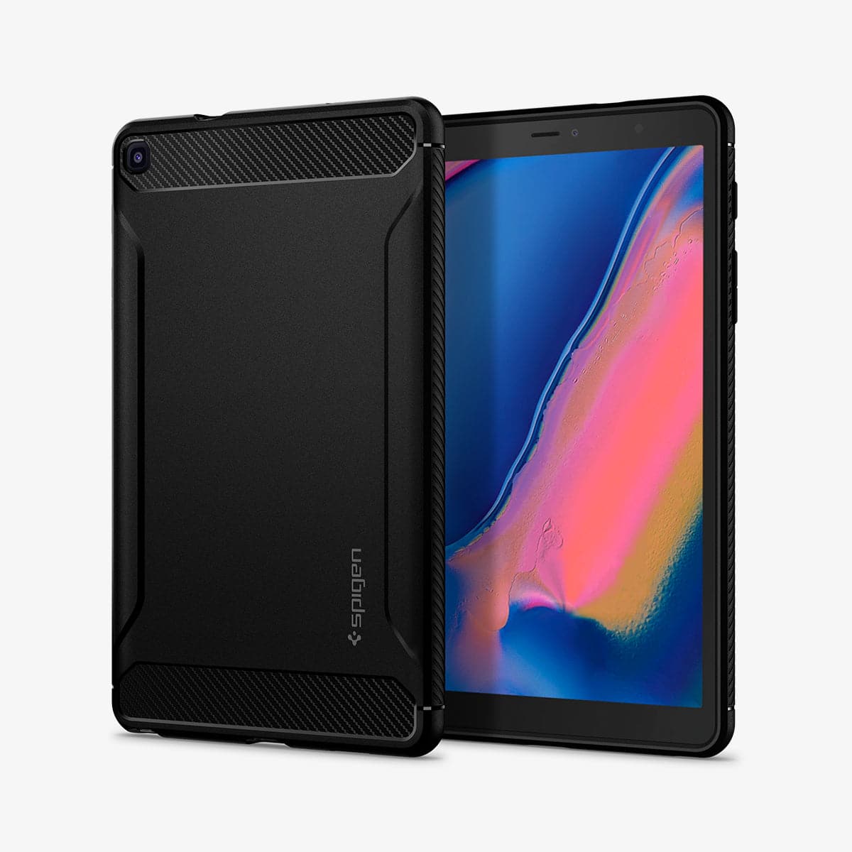 ACS04136 - Galaxy Tab A8 Case Rugged Armor in matte black showing the back and front