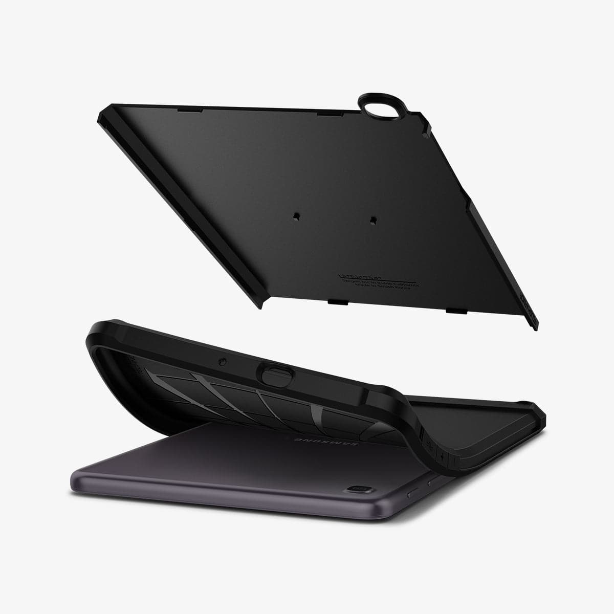 ACS00927 - Galaxy Tab A 8.4" Case Tough Armor in black showing the hard pc hovering above and soft tpu bending