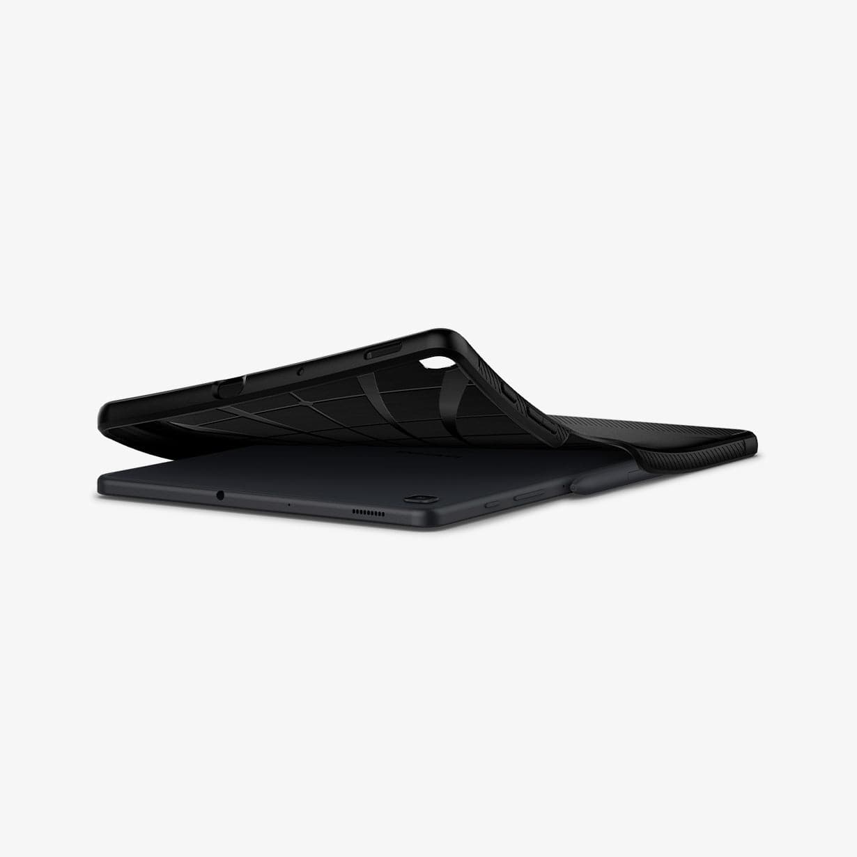 ACS01284 - Galaxy Tab S6 Lite Case Rugged Armor in matte black showing the device laying flat with case bending away to show the flexibility