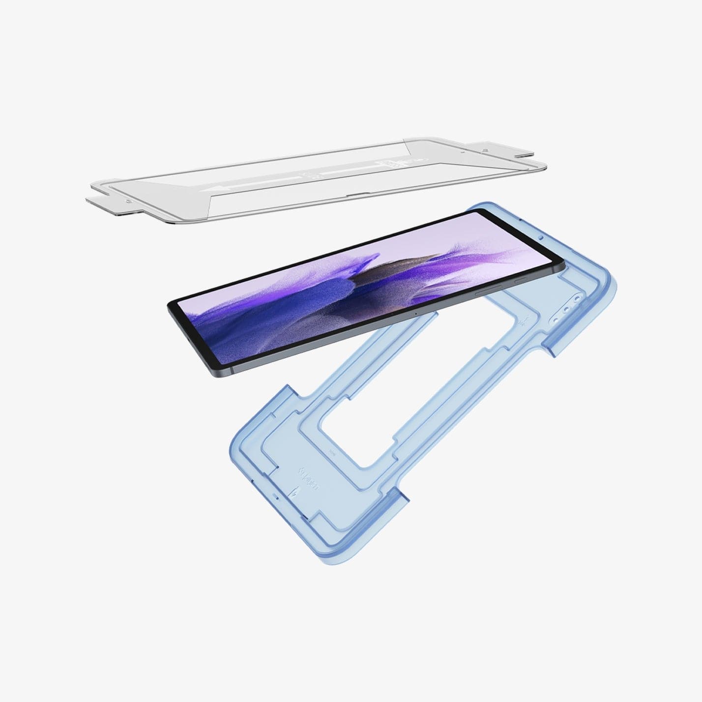 AGL03013 - Galaxy Tab S7 FE Screen Protector EZ Fit GLAS.tR showing the ez fit tray in front and behind the device