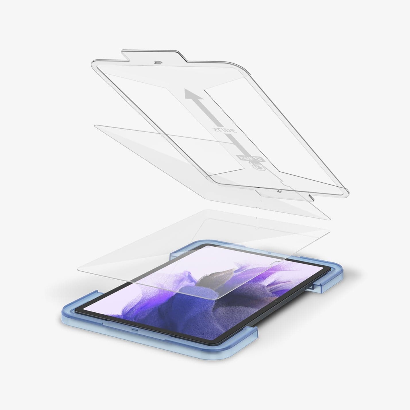 AGL03013 - Galaxy Tab S7 FE Screen Protector EZ Fit GLAS.tR showing the ez fit tray and screen protector being installed onto device