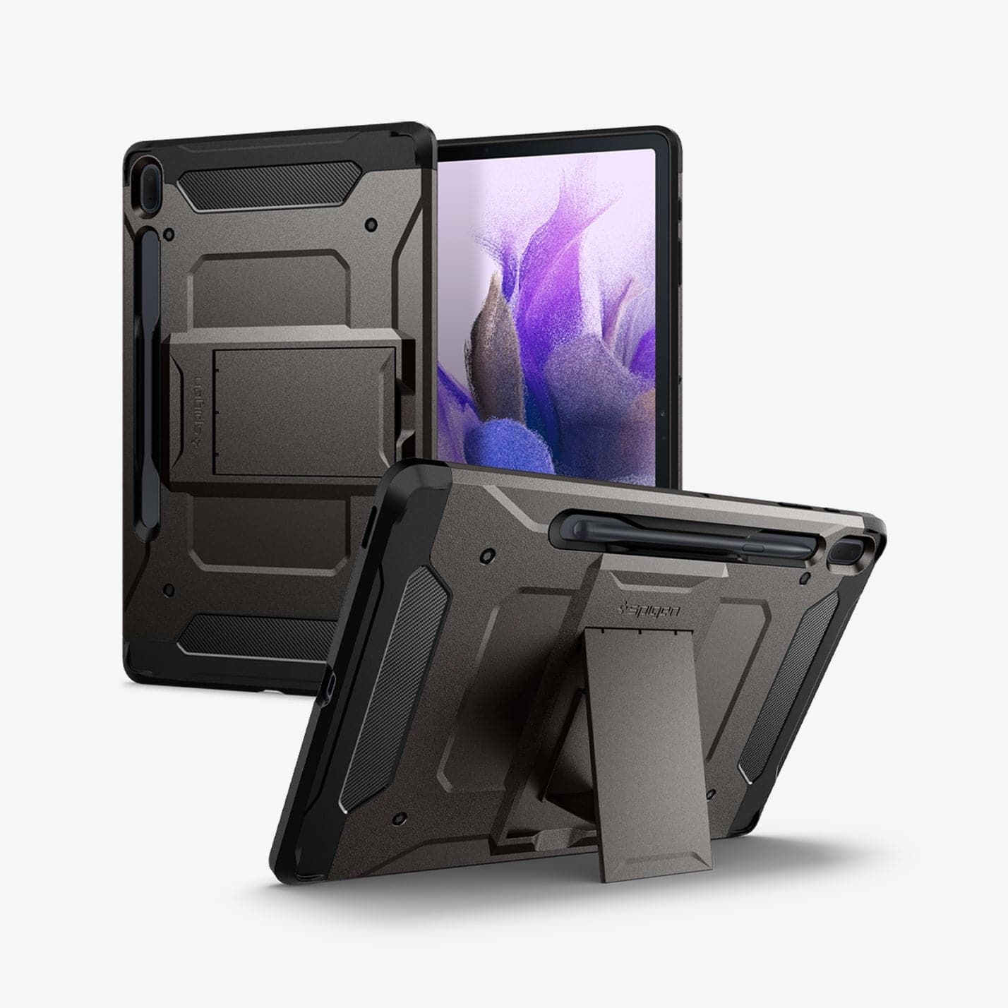 ACS03008 - Galaxy Tab S7 FE Case Tough Armor Pro in gunmetal showing the back, front and device propped up by built in kickstand