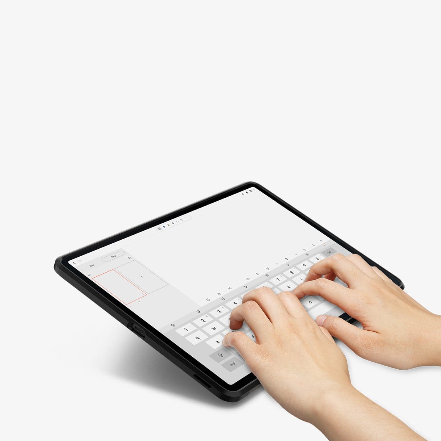 ACS03008 - Galaxy Tab S7 FE Case Tough Armor Pro in gunmetal showing hands typing on screen with device propped up by built in kickstand
