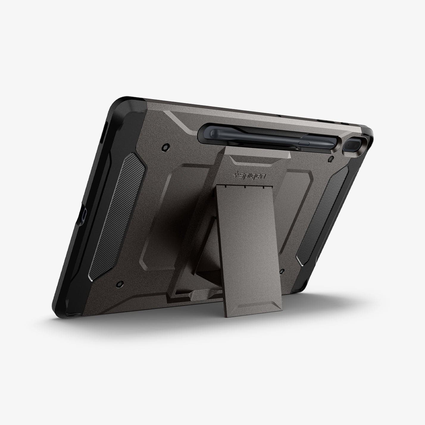 ACS03008 - Galaxy Tab S7 FE Case Tough Armor Pro in gunmetal showing the back with device propped up by built in kickstand