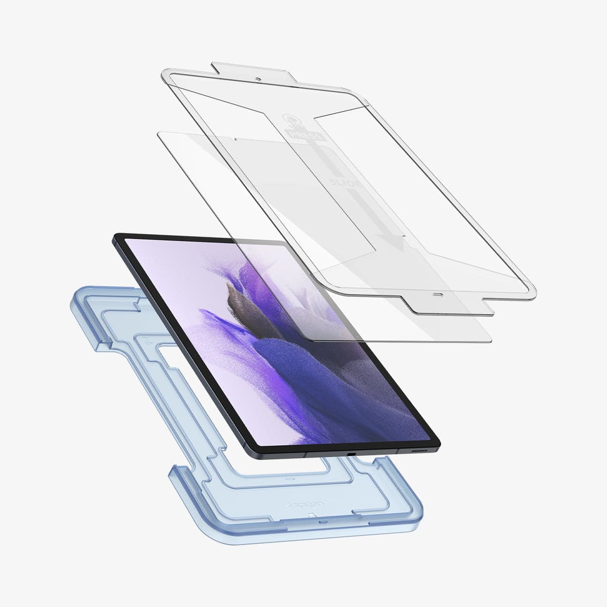 AGL02032 - Galaxy Tab S8 Screen Protector EZ Fit GLAS.tR showing the ez fit tray and screen protector hovering in front of device