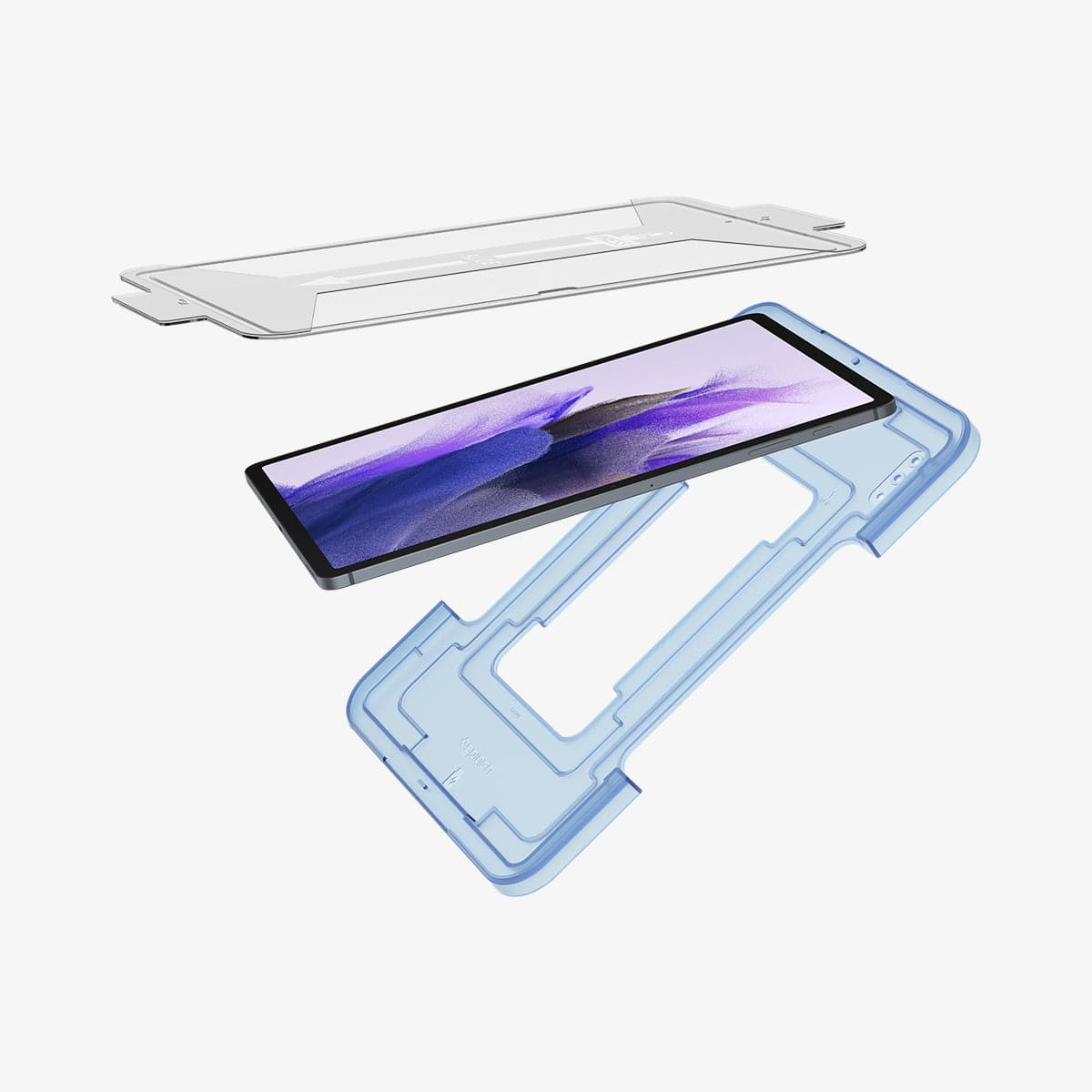 AGL02032 - Galaxy Tab S8 Screen Protector EZ Fit GLAS.tR showing the ez fit tray in front and behind the device