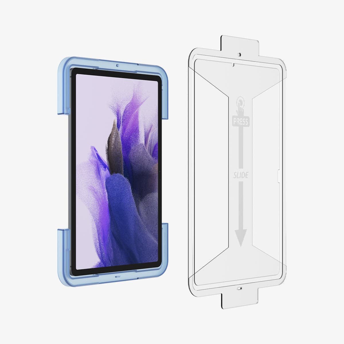 AGL02032 - Galaxy Tab S8 Screen Protector EZ Fit GLAS.tR showing the ez fit tray hovering in front of device