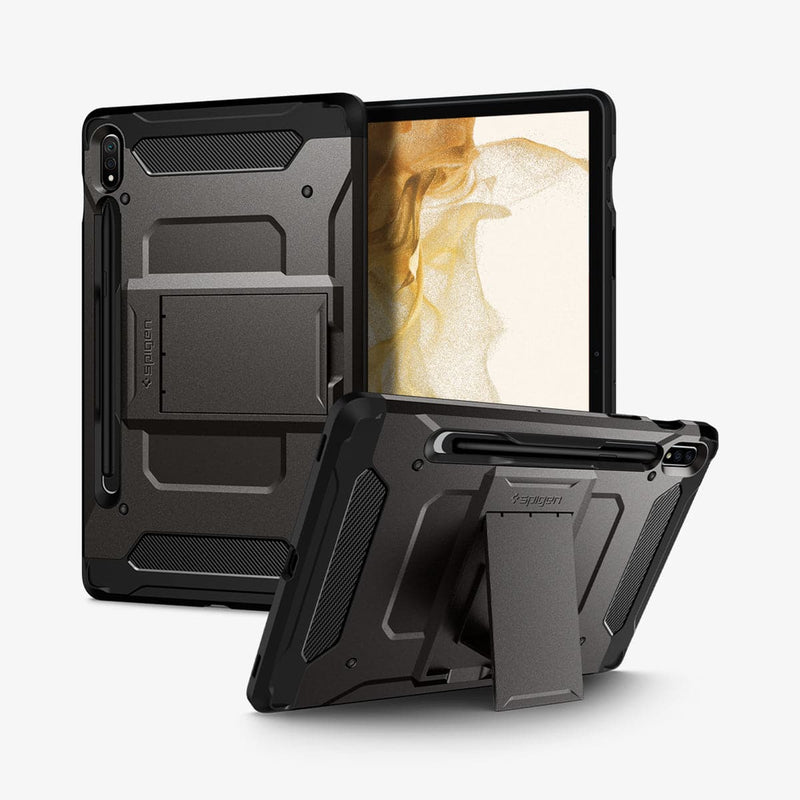 ACS01605 - Galaxy Tab S8 Case Tough Armor Pro in gunmetal showing the back, front and device propped up by built in kickstand