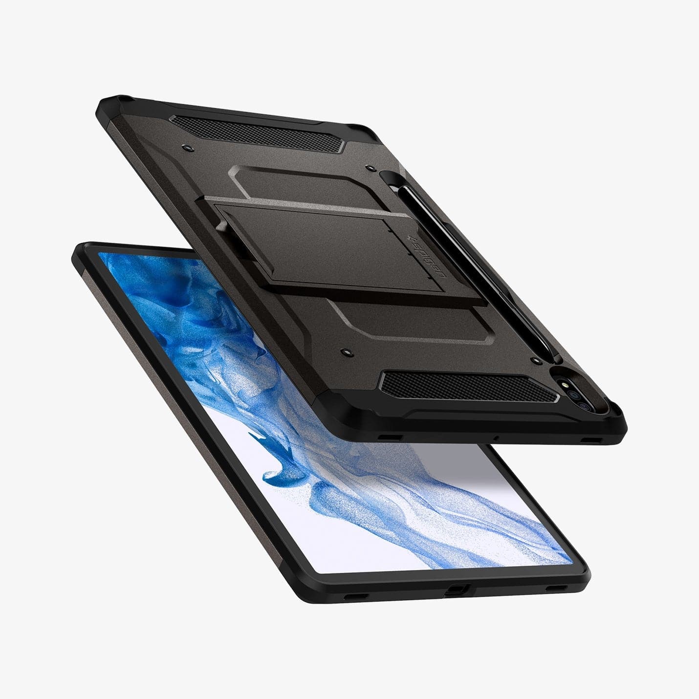 ACS01605 - Galaxy Tab S8 Case Tough Armor Pro in gunmetal showing the back, front and sides