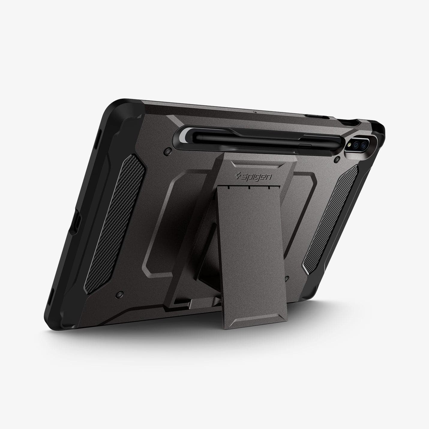 ACS01605 - Galaxy Tab S8 Case Tough Armor Pro in gunmetal showing the back with device propped up by built in kickstand