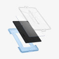 AGL04226 - Galaxy Tab S8 Ultra Screen Protector EZ Fit GLAS.tR showing the ez fit tray and scree protector hovering in front of device
