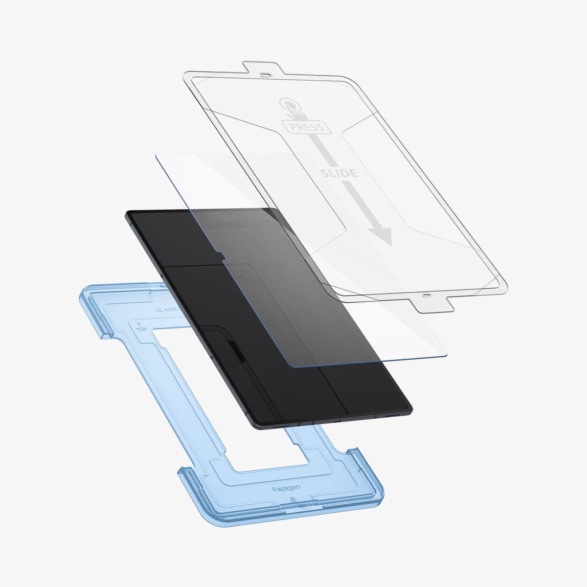 AGL04226 - Galaxy Tab S8 Ultra Screen Protector EZ Fit GLAS.tR showing the ez fit tray and scree protector hovering in front of device