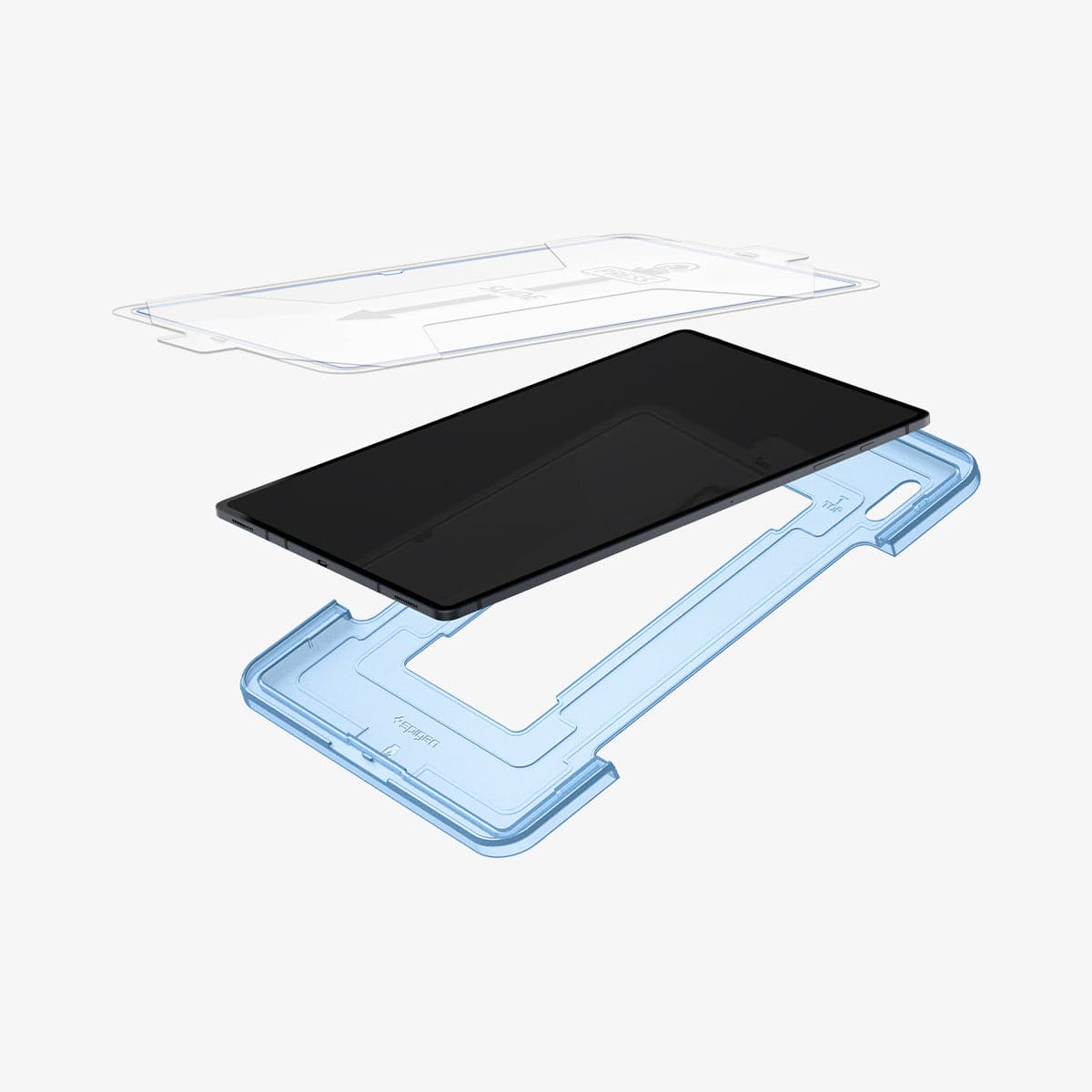 AGL04226 - Galaxy Tab S8 Ultra Screen Protector EZ Fit GLAS.tR showing the ez fit tray hovering in front and behind device