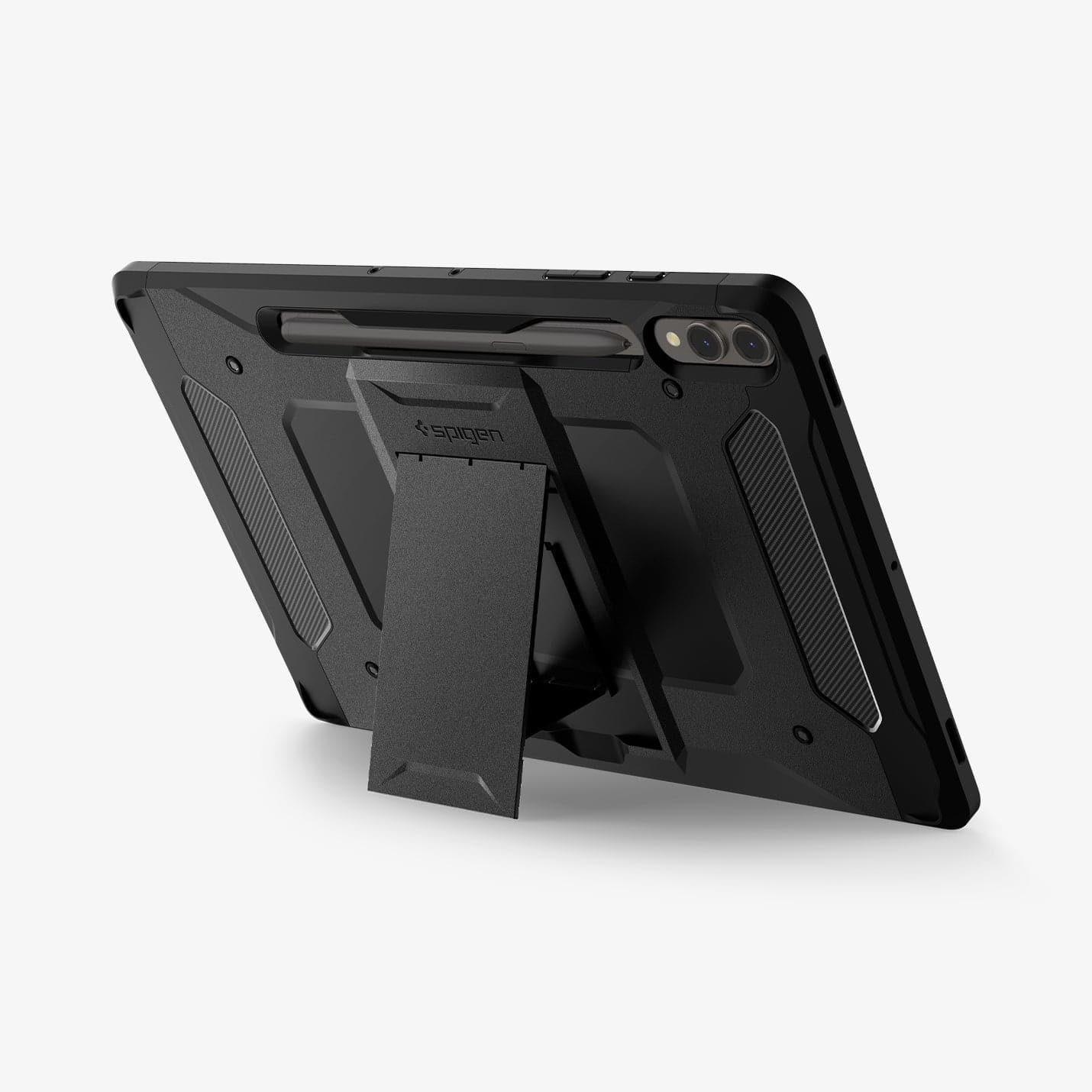 ACS06835 - Galaxy Tab S9+ Case Tough Armor Pro in black showing the back and partial side with device propped up by built in kickstand