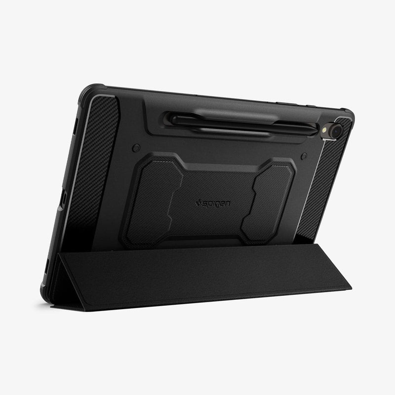 ACS06540 - Galaxy Tab S9 Case Rugged Armor Pro in black showing the back with device propped up by built in kickstand