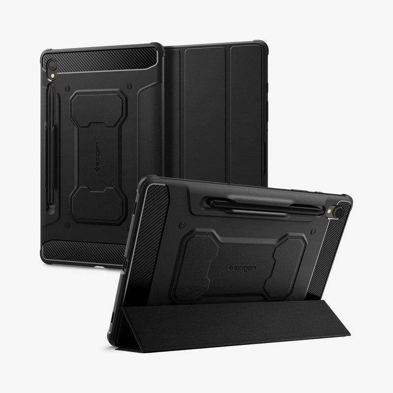 ACS06540 - Galaxy Tab S9 Case Rugged Armor Pro in black showing the back, front and device propped up by built in kickstand