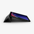 ACS06540 - Galaxy Tab S9 Case Rugged Armor Pro in black showing the front and bottom with device propped up by built in kickstand
