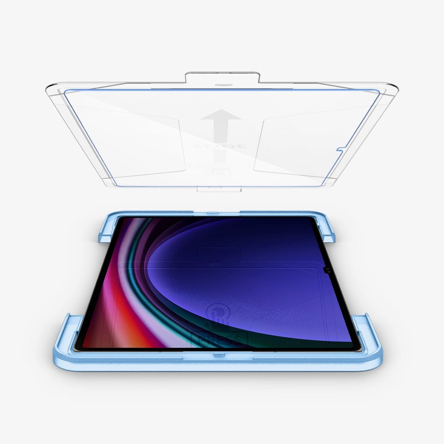 AGL06998 - Galaxy Tab S9 Ultra Screen Protector EZ FIT GLAS.tR showing the device installed on ez fit tray and screen protector above being installed