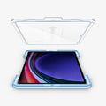 AGL06998 - Galaxy Tab S9 Ultra Screen Protector EZ FIT GLAS.tR showing the device installed on ez fit tray and screen protector above being installed