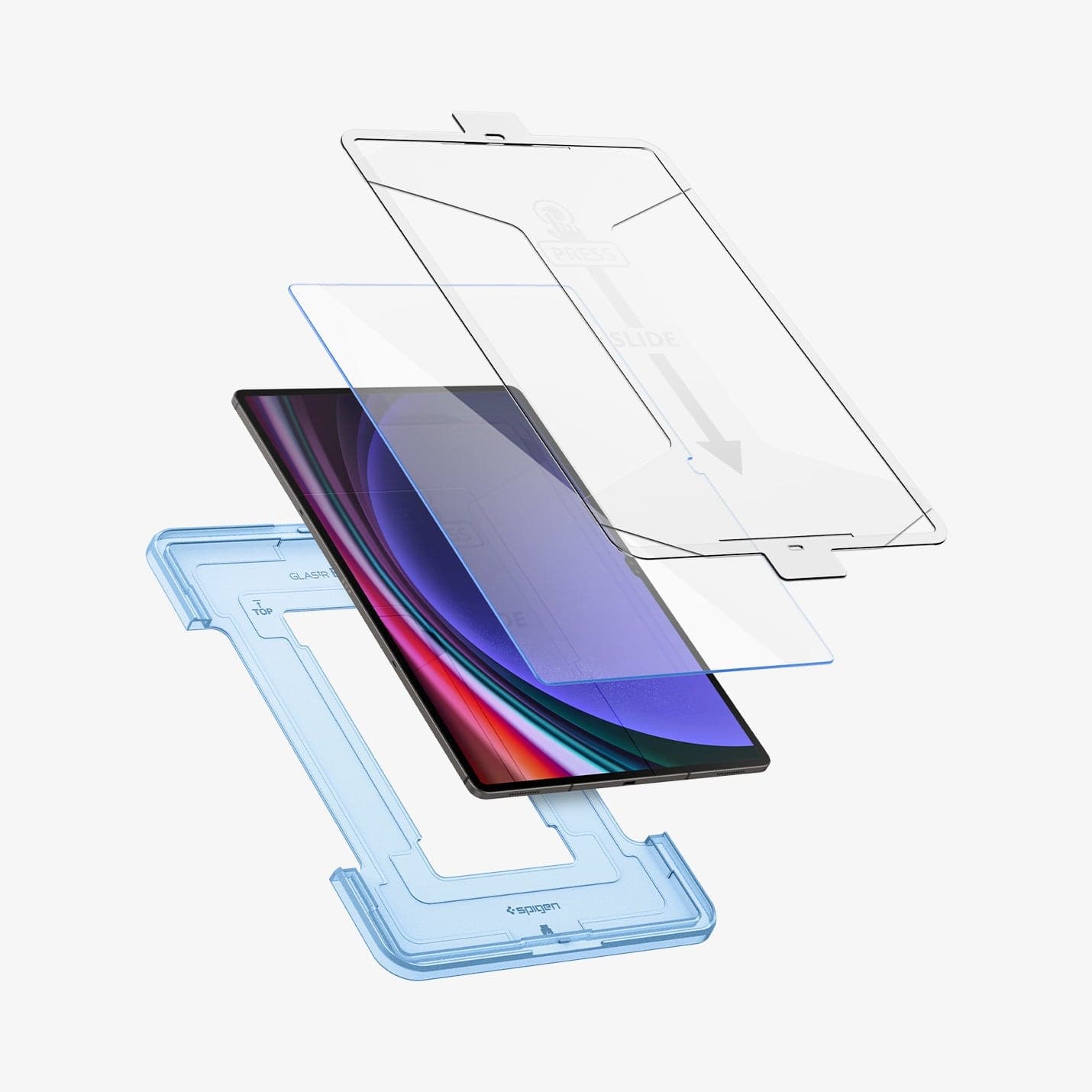 AGL06998 - Galaxy Tab S9 Ultra Screen Protector EZ FIT GLAS.tR showing the ez fit tray, device and screen protector