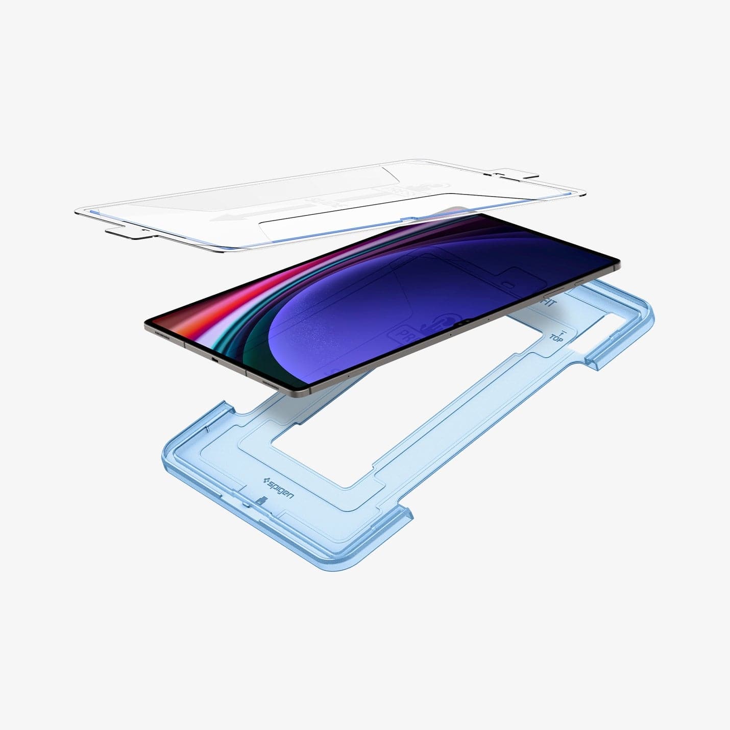 AGL06998 - Galaxy Tab S9 Ultra Screen Protector EZ FIT GLAS.tR showing the front and back of ez fit tray hovering around the device