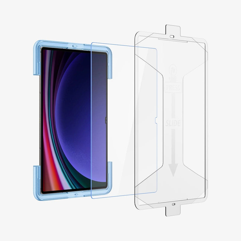AGL06998 - Galaxy Tab S9 Ultra Screen Protector EZ FIT GLAS.tR showing the device, screen protector and ez fit tray