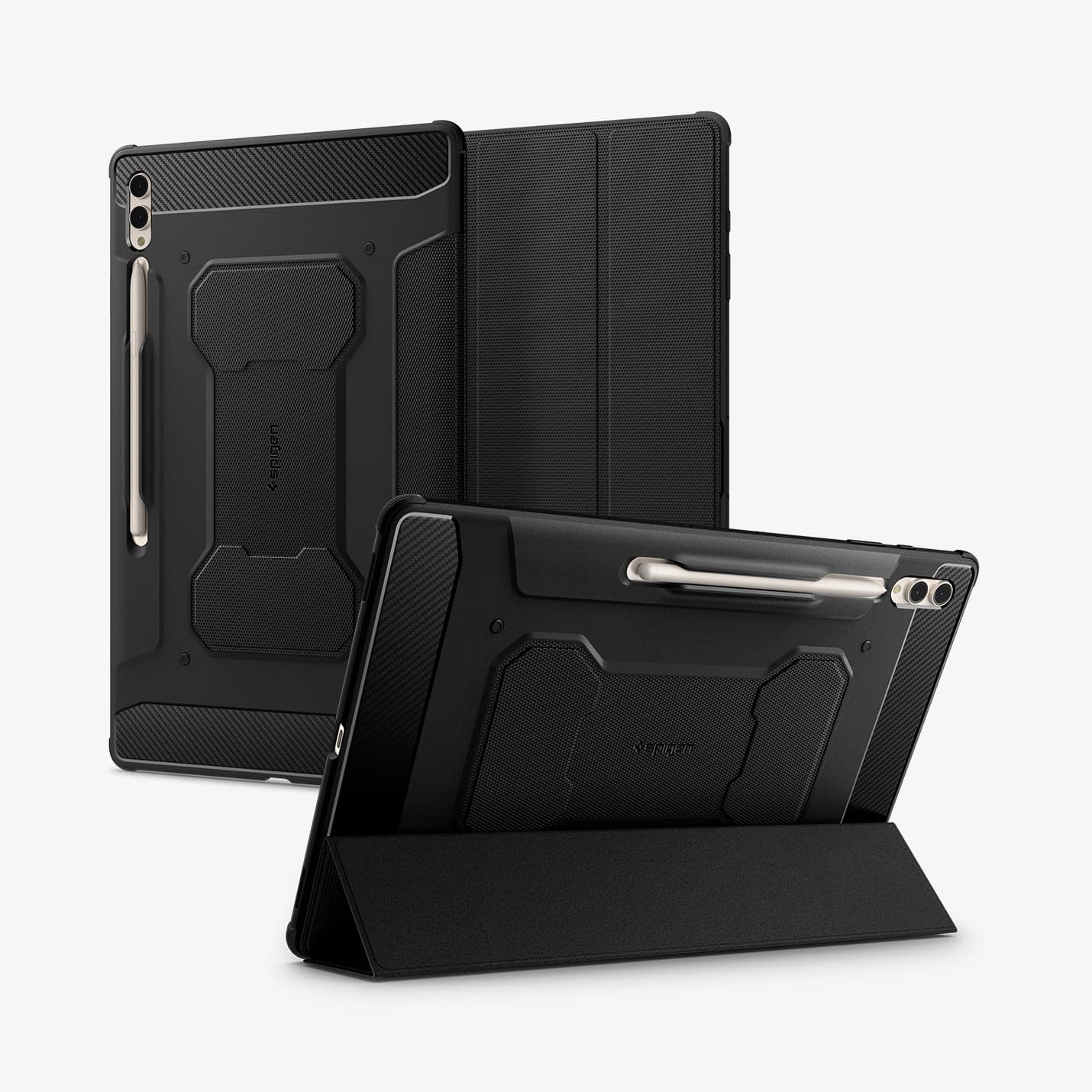 ACS06538 - Galaxy Tab S9 Ultra Case Rugged Armor Pro in black showing the back, front and device propped up by built in kickstand