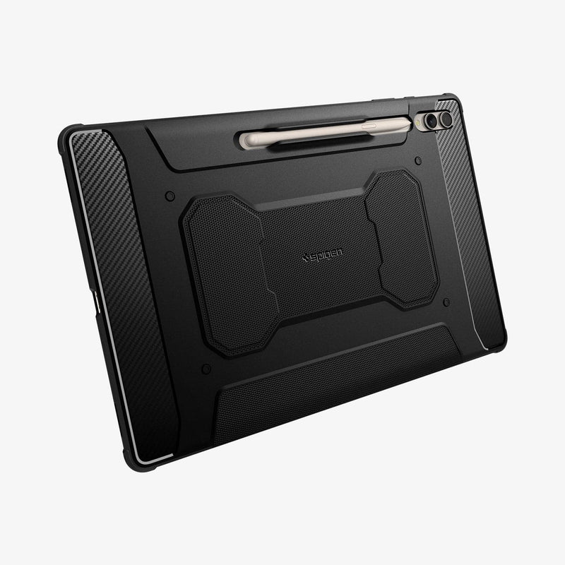 ACS06538 - Galaxy Tab S9 Ultra Case Rugged Armor Pro in black showing the back with pen in slot