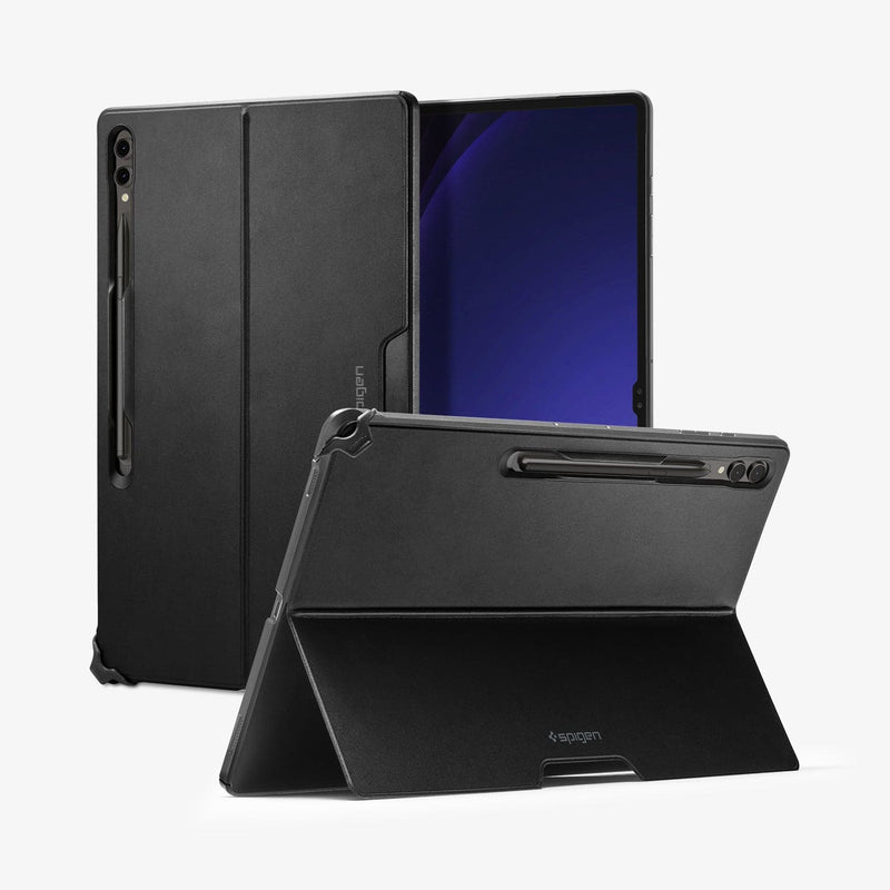 ACS06834 - Galaxy Tab S9 Ultra Case Thin Fit Pro in black showing the back, front and device propped up by built in kickstand