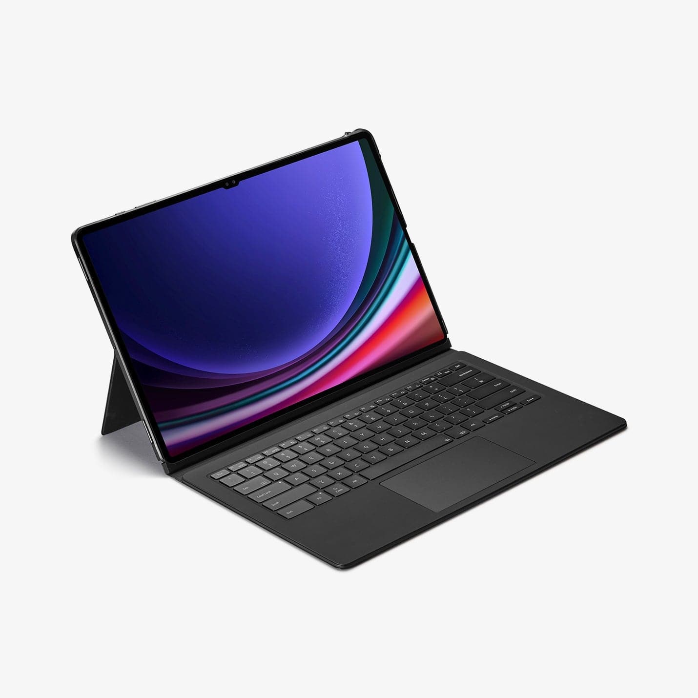 ACS06834 - Galaxy Tab S9 Ultra Case Thin Fit Pro in black showing the front and side with device propped up by built in kickstand and keyboard attached