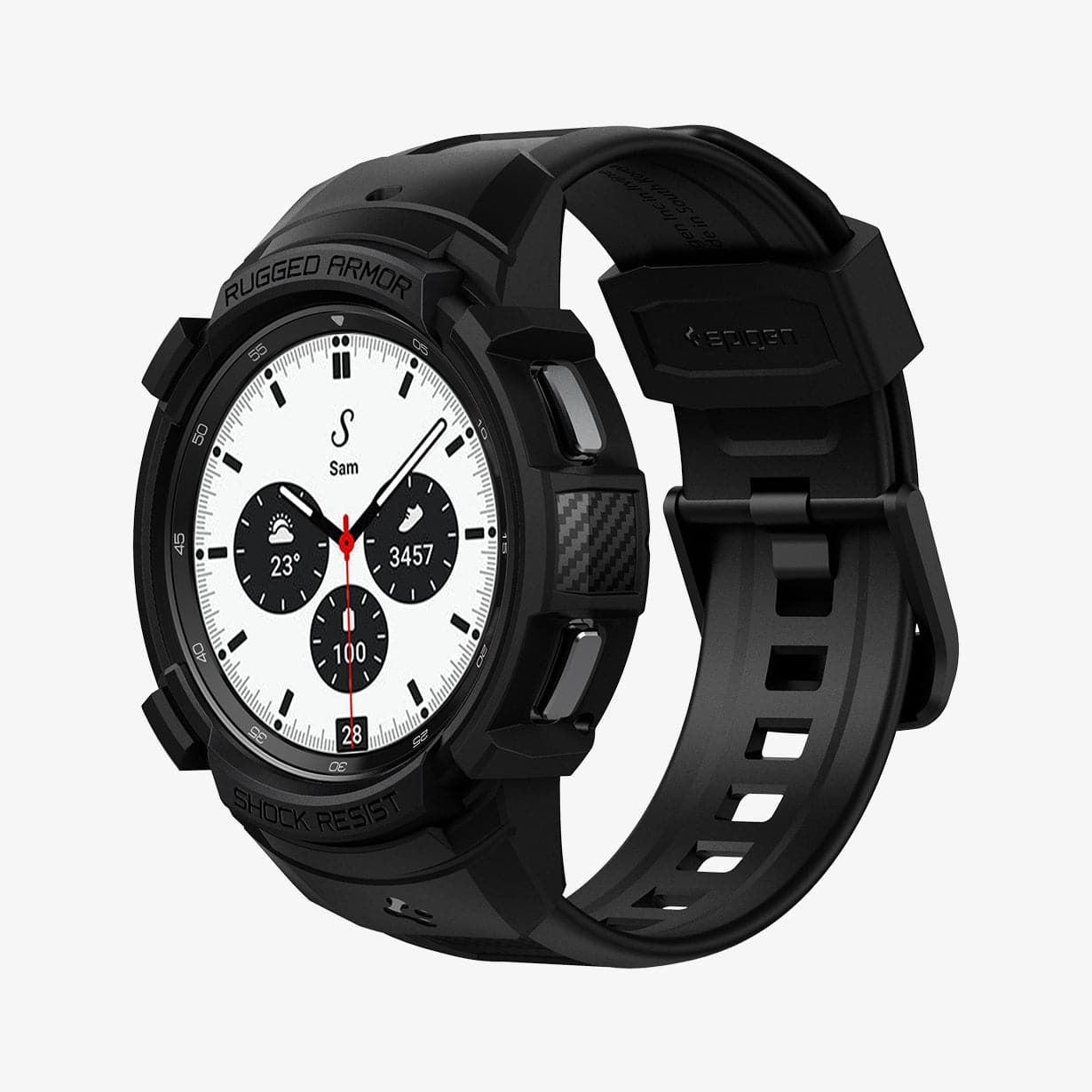 ACS03833 - Galaxy Watch 4 Classic (42mm) Case Rugged Armor Pro in black showing the front and inside of band