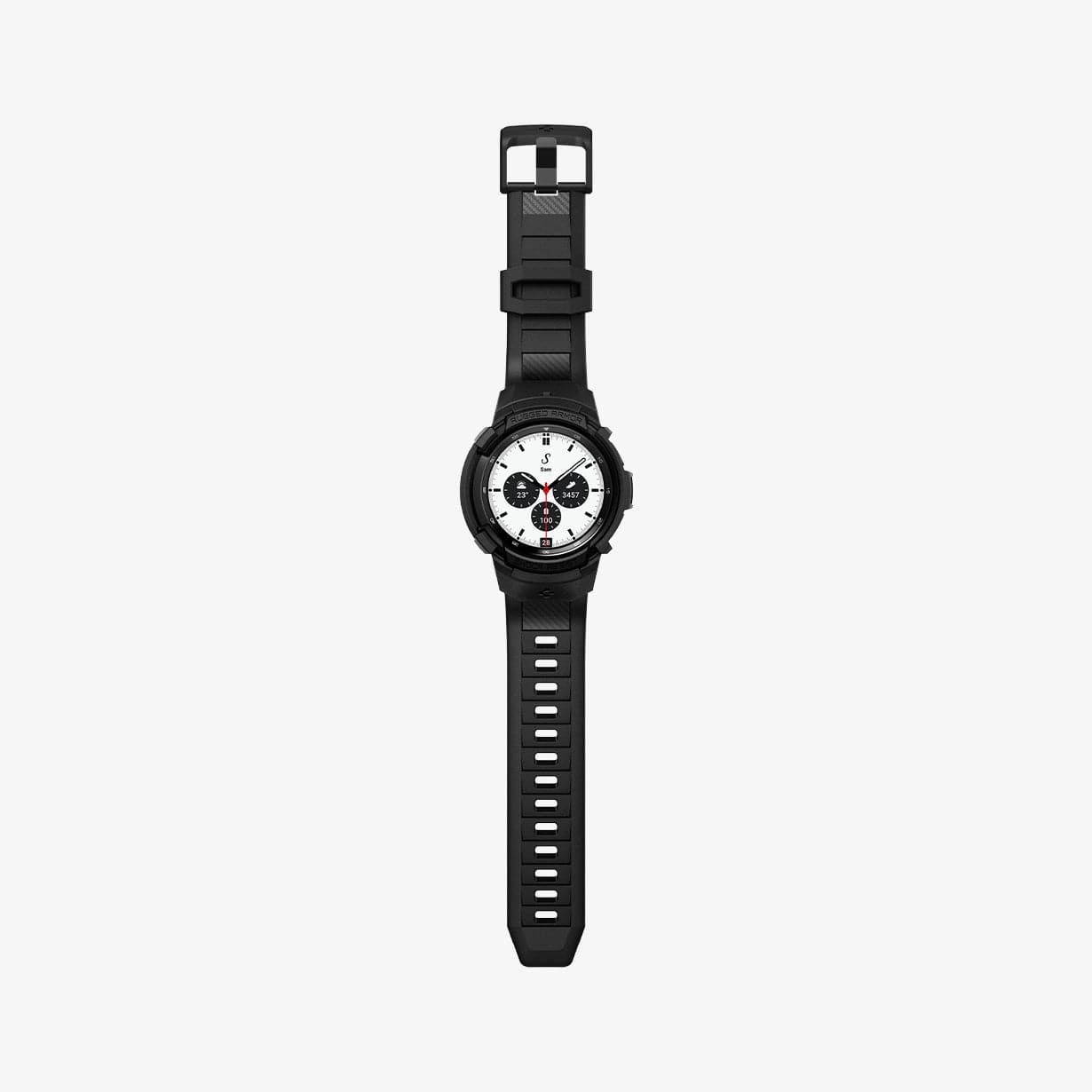 ACS03833 - Galaxy Watch 4 Classic (42mm) Case Rugged Armor Pro in black showing the front with watch band laid out flat