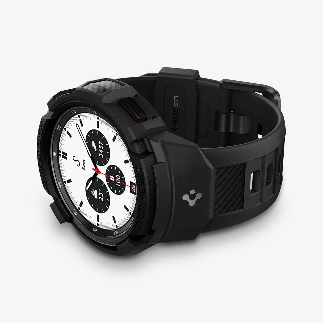 ACS03833 - Galaxy Watch 4 Classic (42mm) Case Rugged Armor Pro in black showing the front and bottom with watch laid on its side
