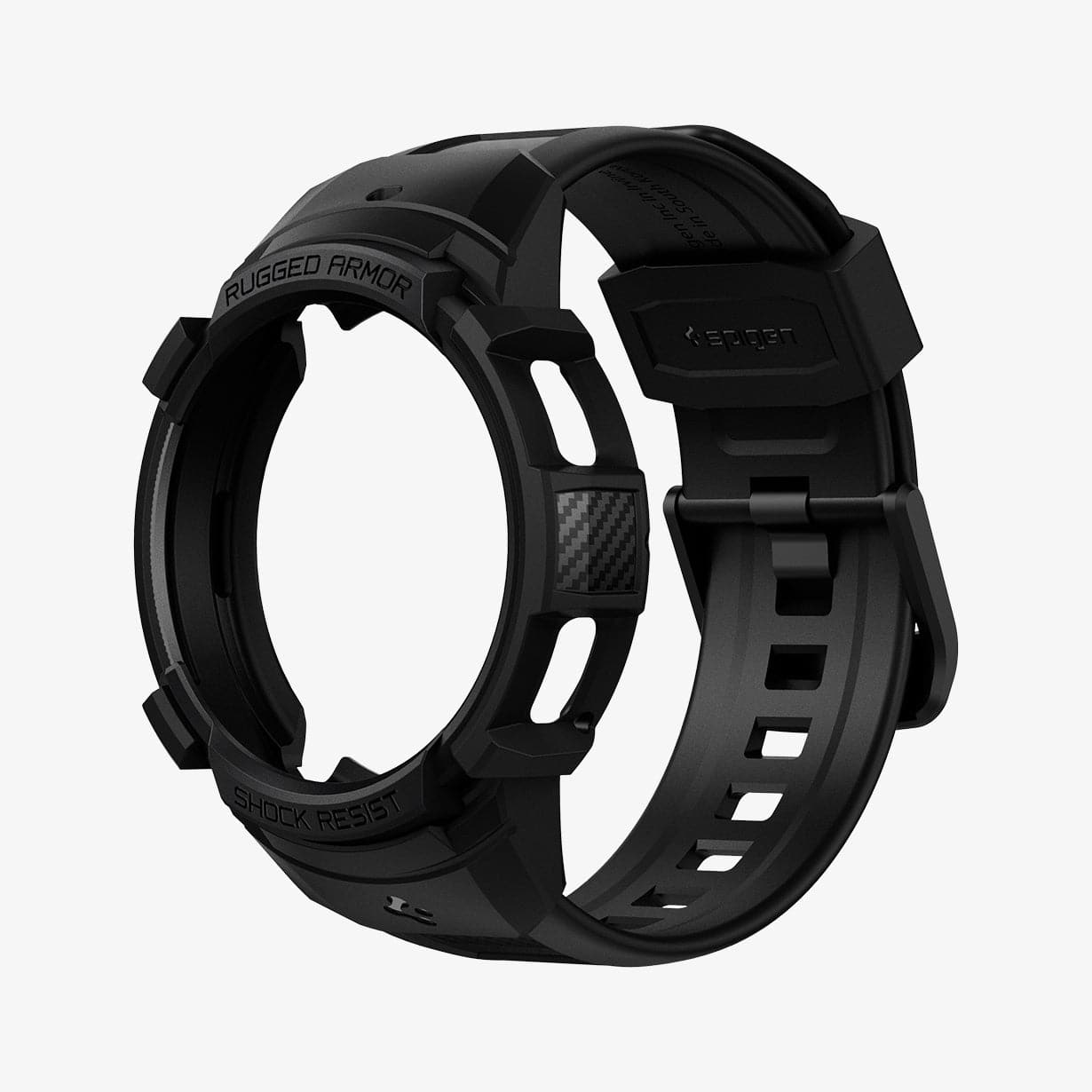 ACS03833 - Galaxy Watch 4 Classic (42mm) Case Rugged Armor Pro in black showing the front and side with no watch face inside