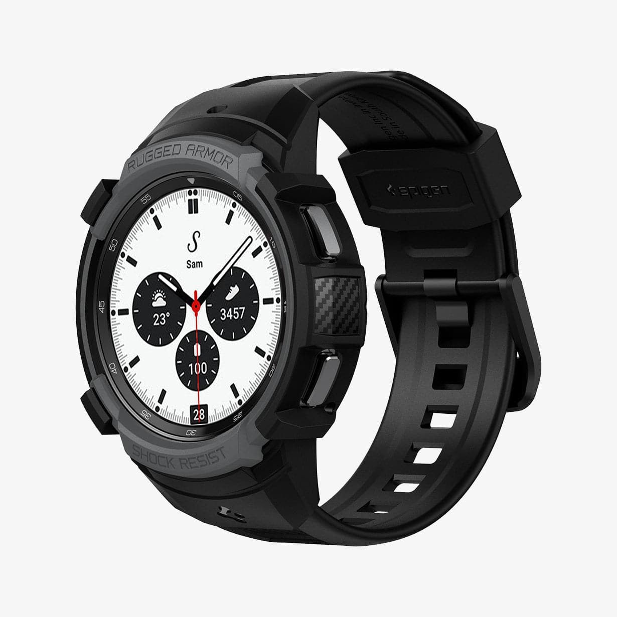 ACS03653 - Galaxy Watch 4 Classic (42mm) Case Rugged Armor Pro in charcoal gray showing the front and inside of band