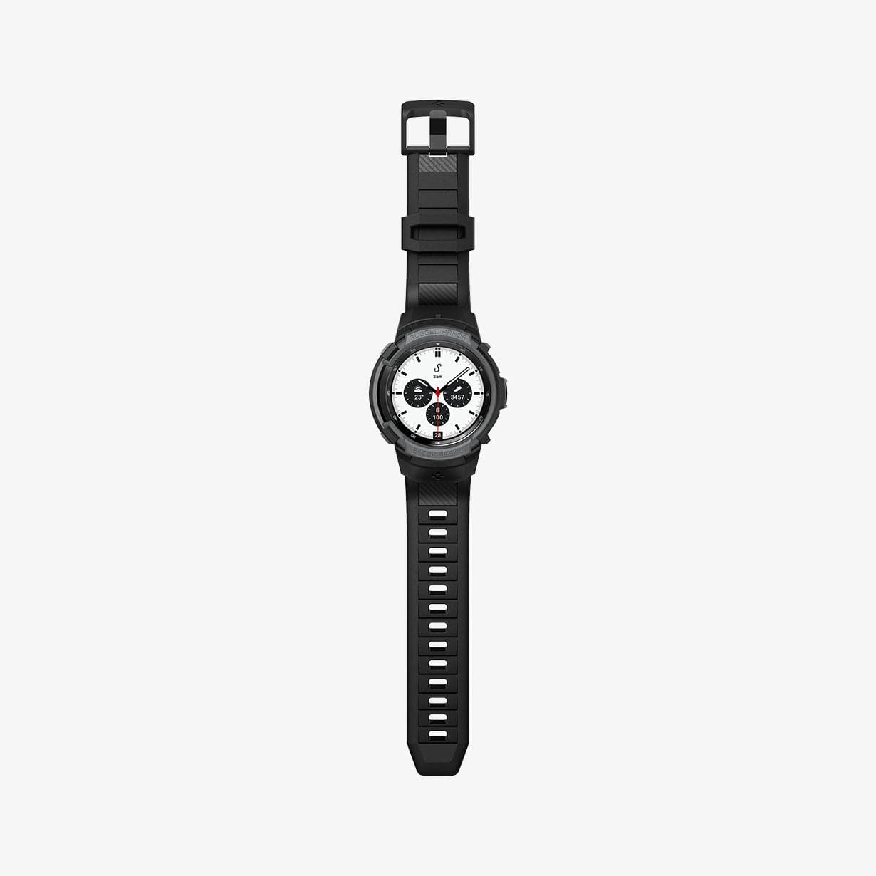 ACS03653 - Galaxy Watch 4 Classic (42mm) Case Rugged Armor Pro in charcoal gray showing the front with watch band laid out flat