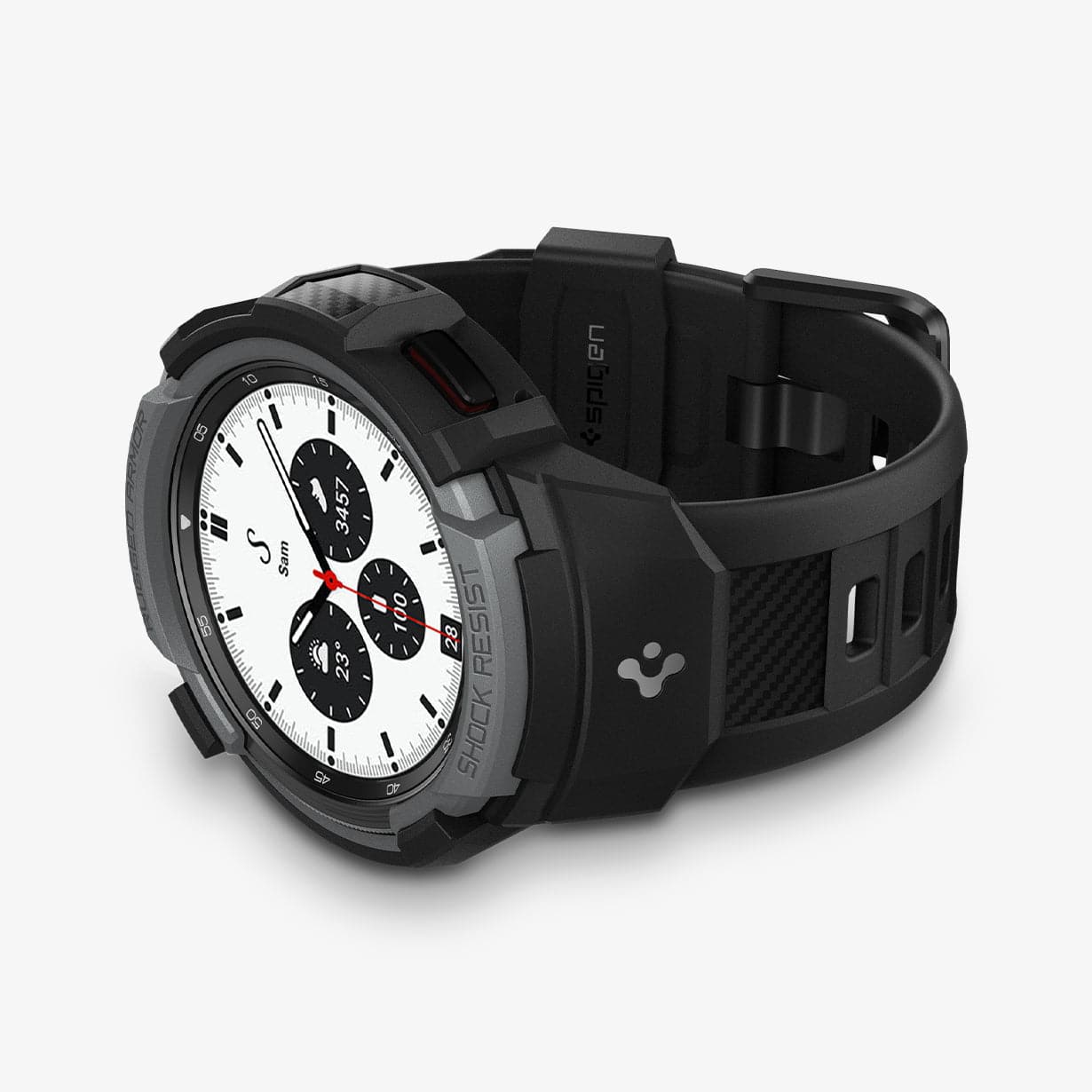 ACS03653 - Galaxy Watch 4 Classic (42mm) Case Rugged Armor Pro in charcoal gray showing the front and bottom with watch laid on its side