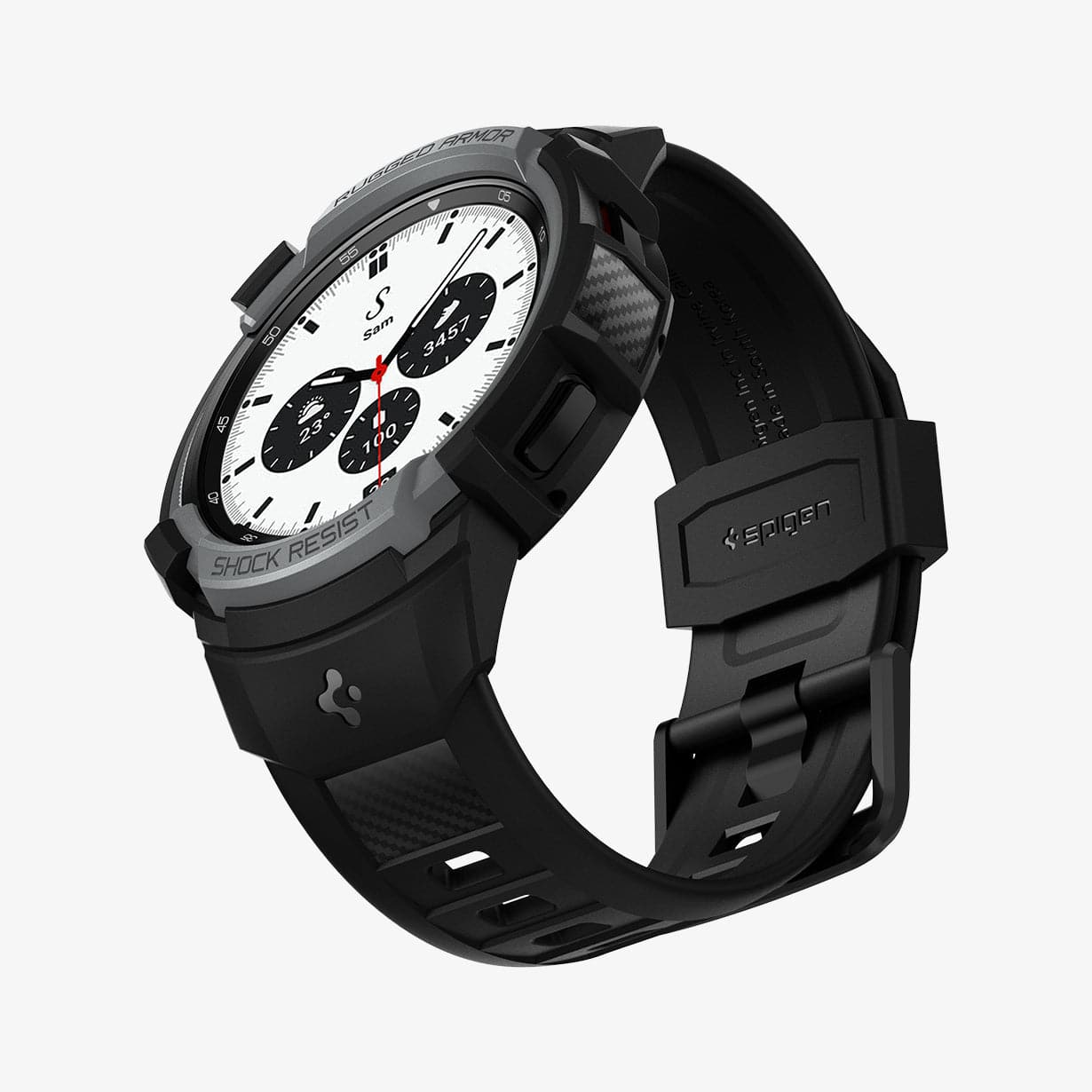 ACS03653 - Galaxy Watch 4 Classic (42mm) Case Rugged Armor Pro in charcoal gray showing the front, bottom and inside of band