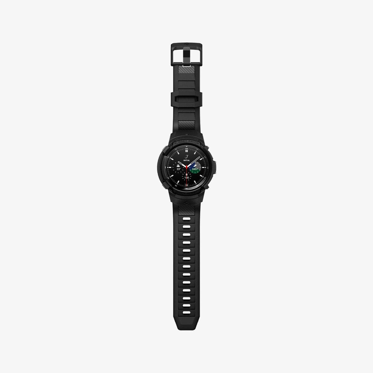 ACS03832 - Galaxy Watch 4 Classic (46mm) Case Rugged Armor Pro in black showing the front with watch band laid out flat